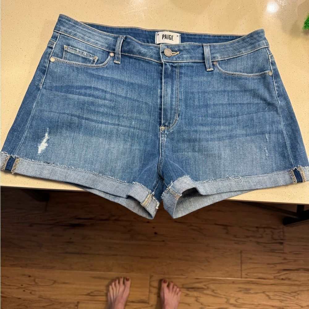 PAIGE Blue Jean JIMMY JIMMY Shorts with Cuffed Hem and Distressed Details